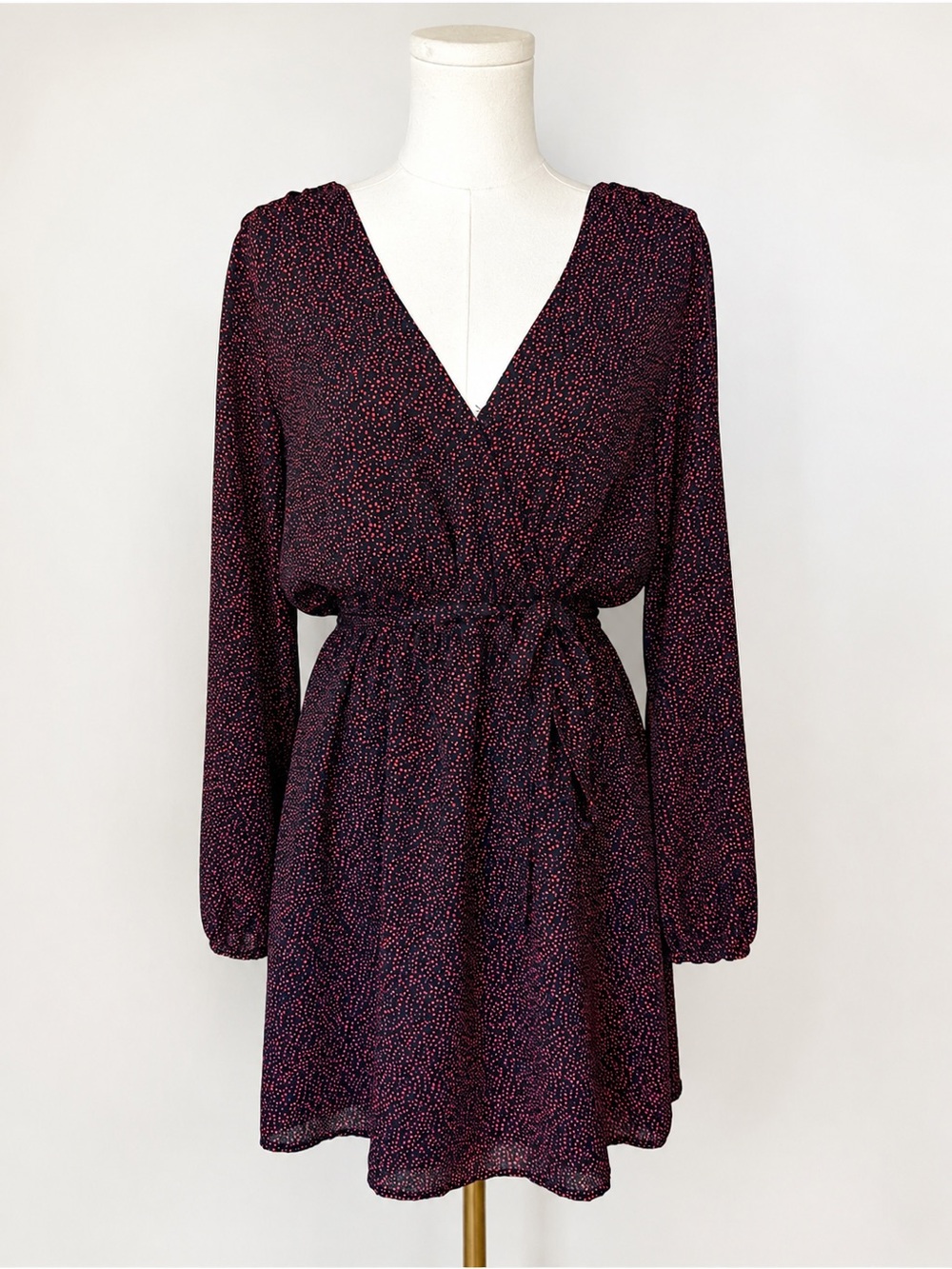 GAP Black Red Heart Print Wrap Dress Small Long Sleeve Tie Waist